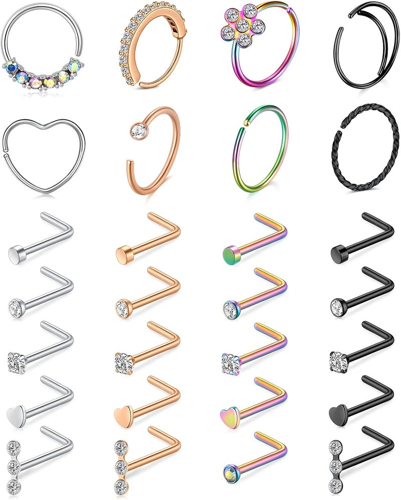 Mayhoop 20g Nose Rings Hoops And Studs For Women Men - Hypoallergenic 316L Surgical Stainless Steel L Shape Nose Screw Bone Silver Rose Gold Black Rainbow Pack 28Pcs - Image 1